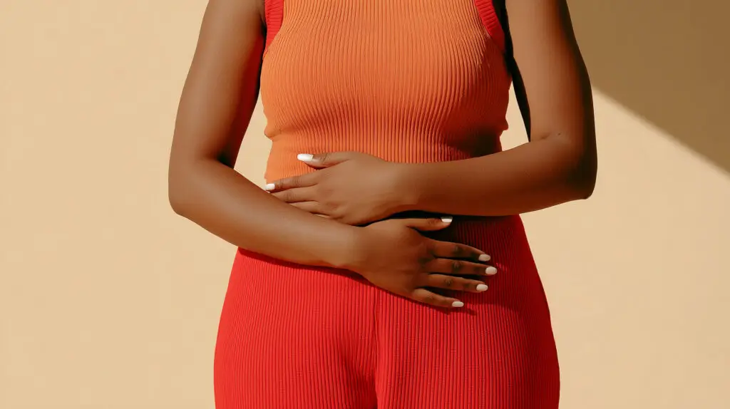 Personne tenant son ventre en tenue rouge et orange