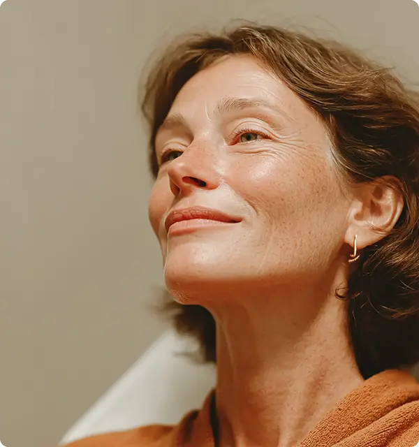 Femme souriante regardant vers le haut sereinement