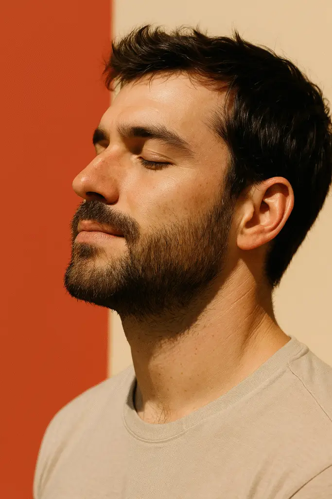 Homme barbe profitant du soleil les yeux fermés
