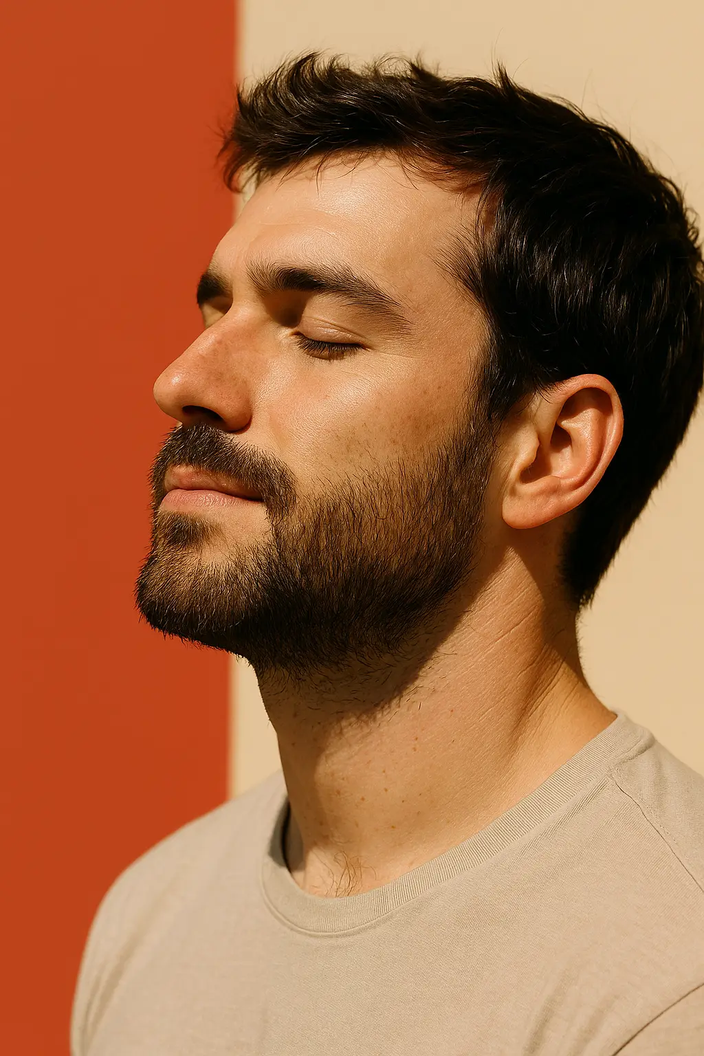 Homme barbe profitant du soleil les yeux fermés