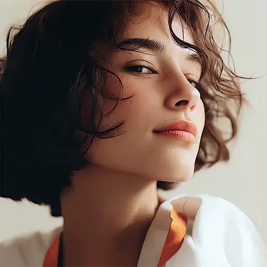 Femme souriante aux cheveux courts bruns